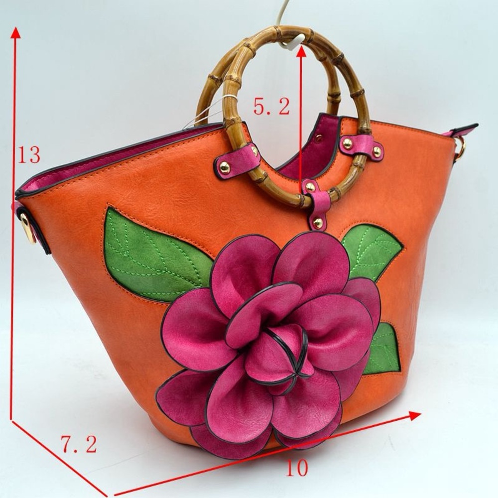 White Crossbody Tote Bag with Orange Floral Accent and Bamboo Handles - Picture 2 of 2